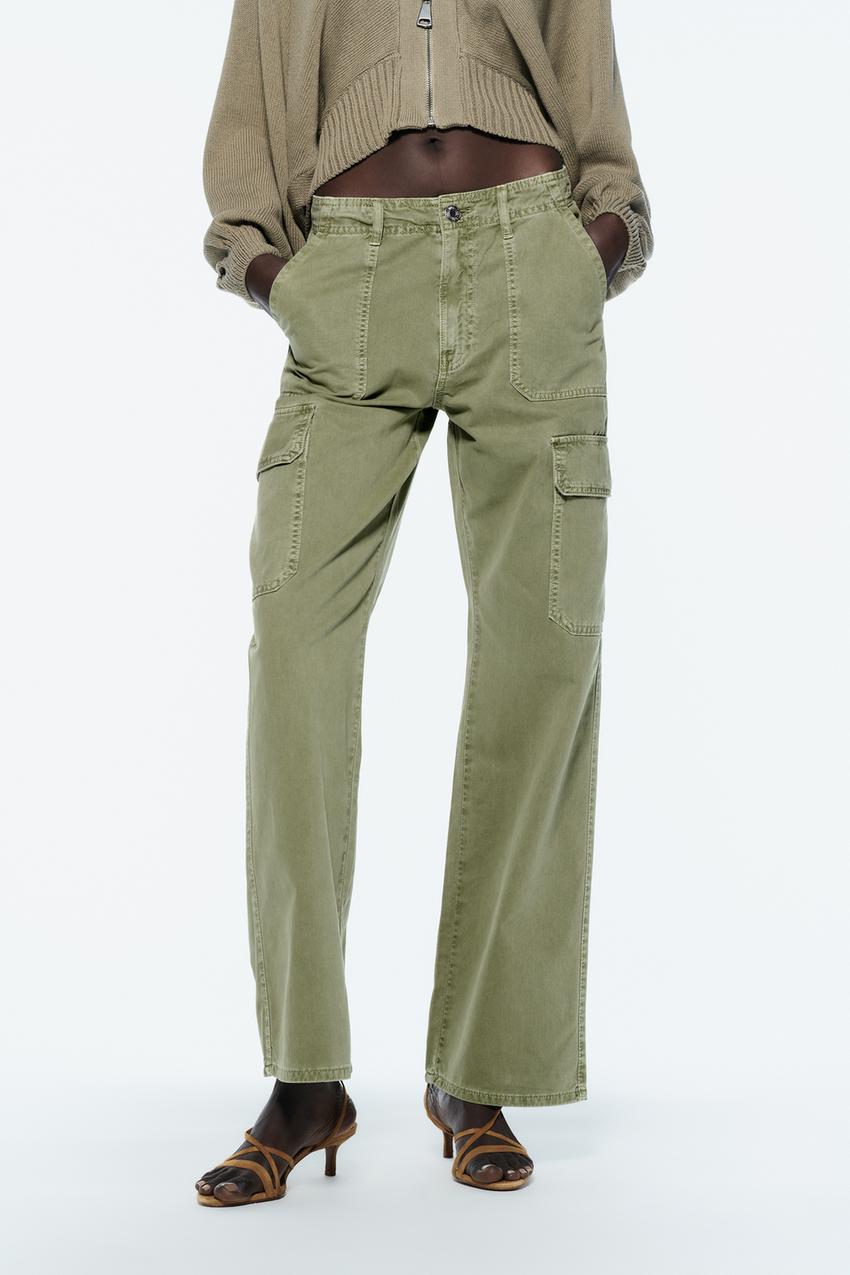 Zara Women's Cotton Blend Green Utility Cargo Trousers Size 0