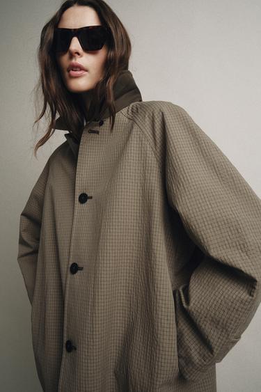 Zara ZW COLLECTION REVERSIBLE FAUX FUR COLLAR TRENCH COAT - Mid-green