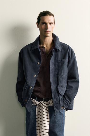 Zara REGULAR FIT CANVAS OVERSHIRT - Navy blue