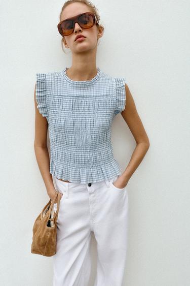 Zara GINGHAM SMOCKED TOP - Ecru / Blue