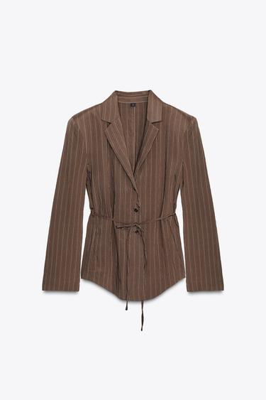 BLAZER بكتافيات مخطط بحزام رفيع - بني / خام الخاص بـ Zara