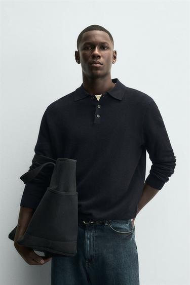 COTTON/LYOCELL KNIT POLO SHIRT - Navy blue by Zara