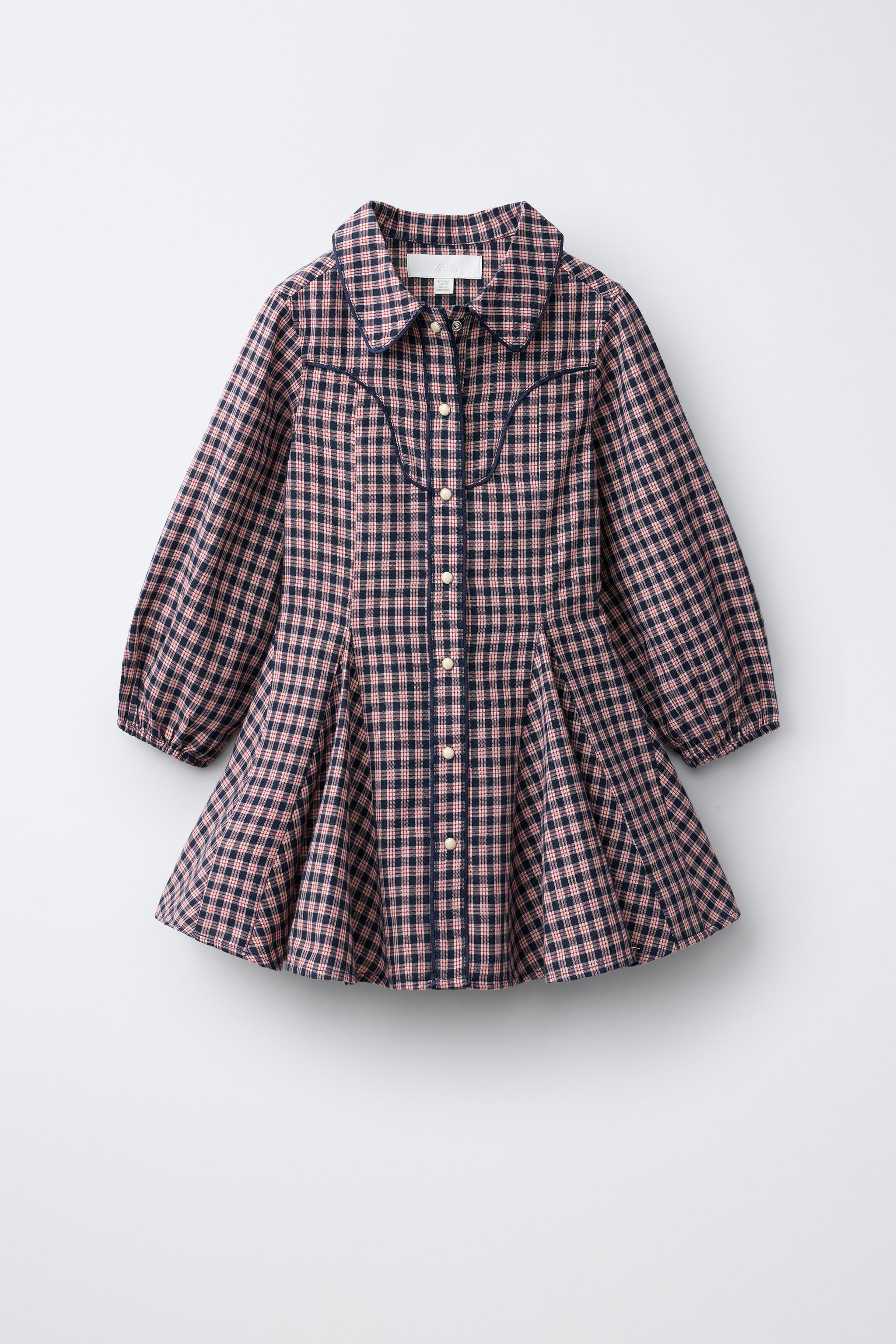 チェック柄Aラインワンピース - エクリュ/ブルー | ZARA Japan / 日本