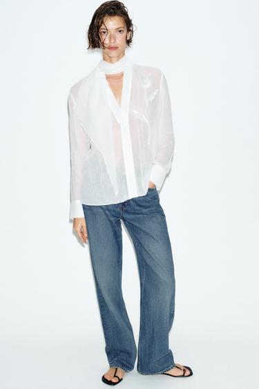 SEMI-SHEER BLOUSE WITH FLOWER - White by Zara - Image 4