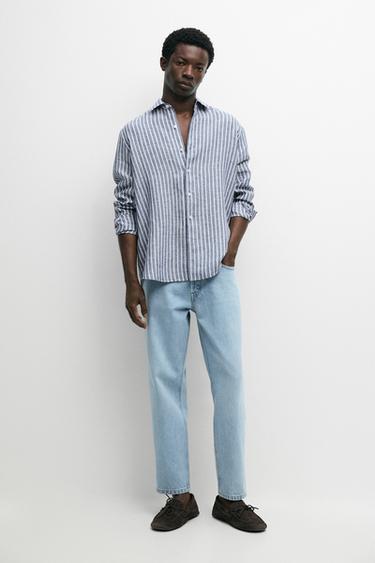 Zara 100% linen striped shirt - Blue - Image 0
