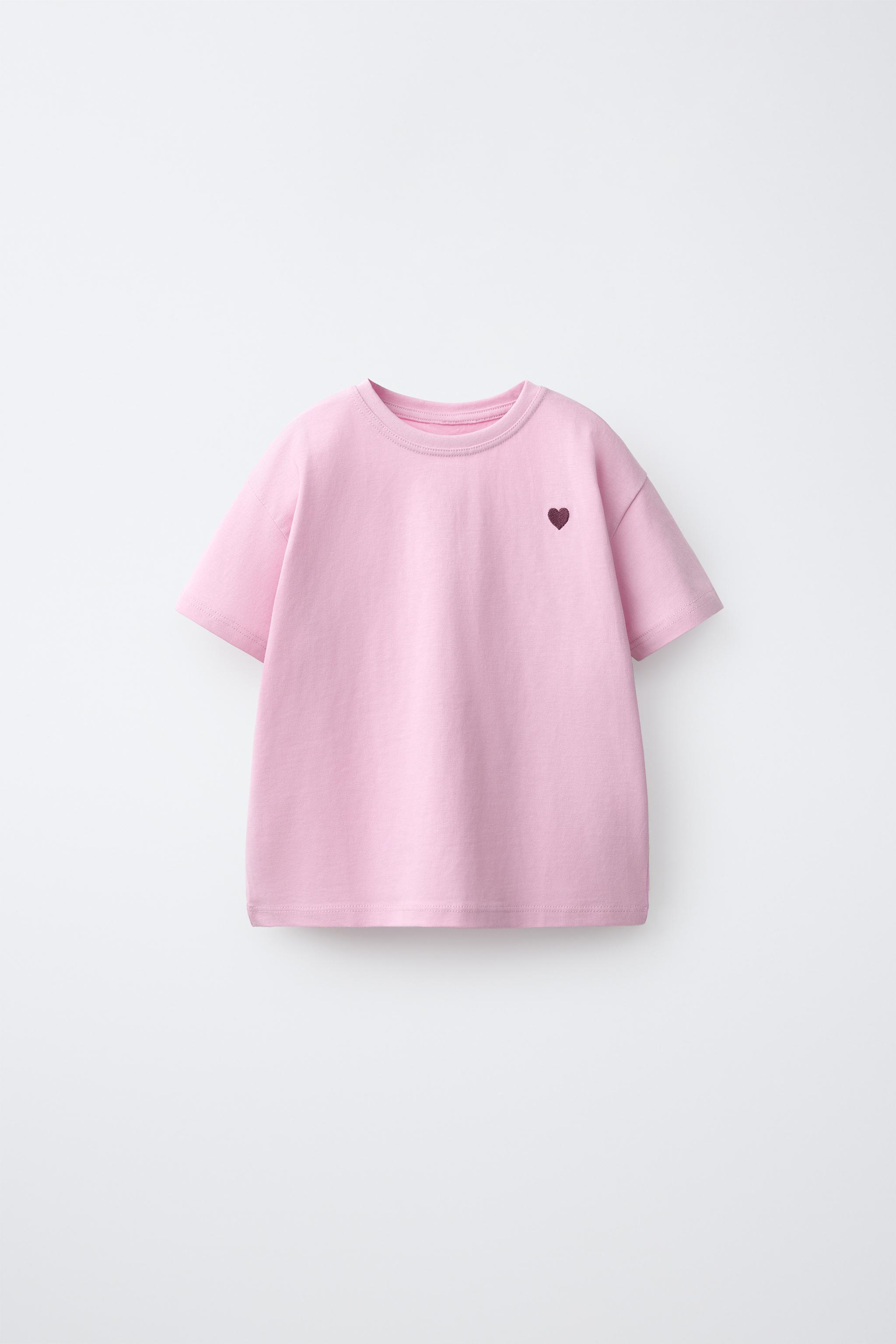 EMBROIDERED HEART PLAIN T-SHIRT — Pink