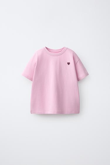 Zara EMBROIDERED HEART PLAIN T-SHIRT - Pink