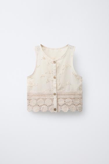 CROCHET TOP WITH EMBROIDERED LEAVES - Ecru by Zara - Image 0
