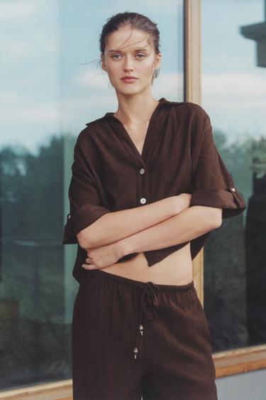 FLOWING SHORT SLEEVE SHIRT - Dark brown by Zara