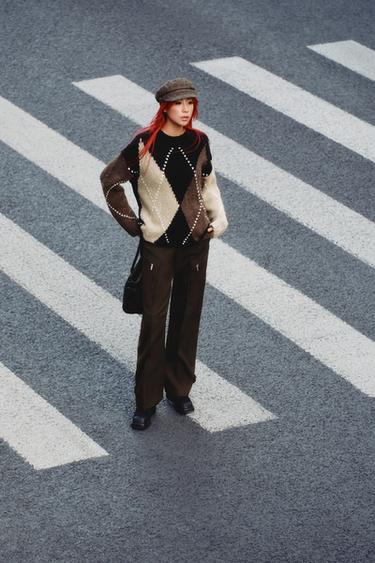 Zara 菱格紋針織衫 - 黑色 / 裸色