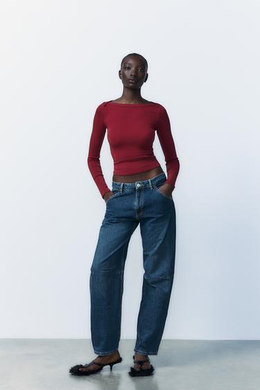 Zara BOATNECK RIB SHIRT - Burgundy