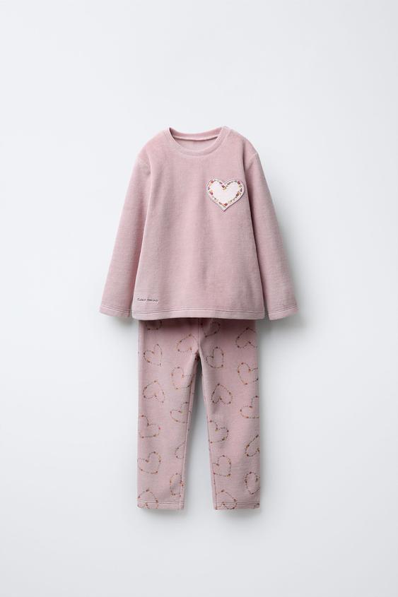 AGES 2-6/ VELOUR FLORAL HEART PYJAMAS - Dusty pink by Zara - Image 0