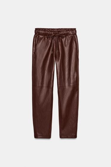 Zara FAUX LEATHER ELASTIC WAIST PANTS - Maroon
