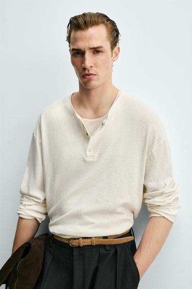 T-SHIRT COL TUNISIEN COTON - LIN - Blanc cassé de Zara - Image 3