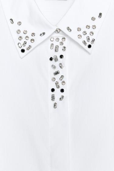 CHEMISE EN POPELINE COL BIJOUX - Blanc de Zara - Image 8