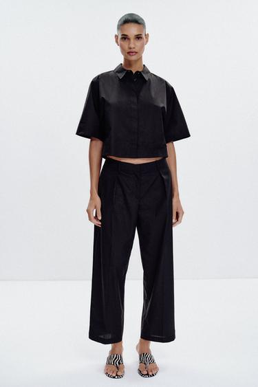 Zara POPLIN PLEATED PANTS - Black
