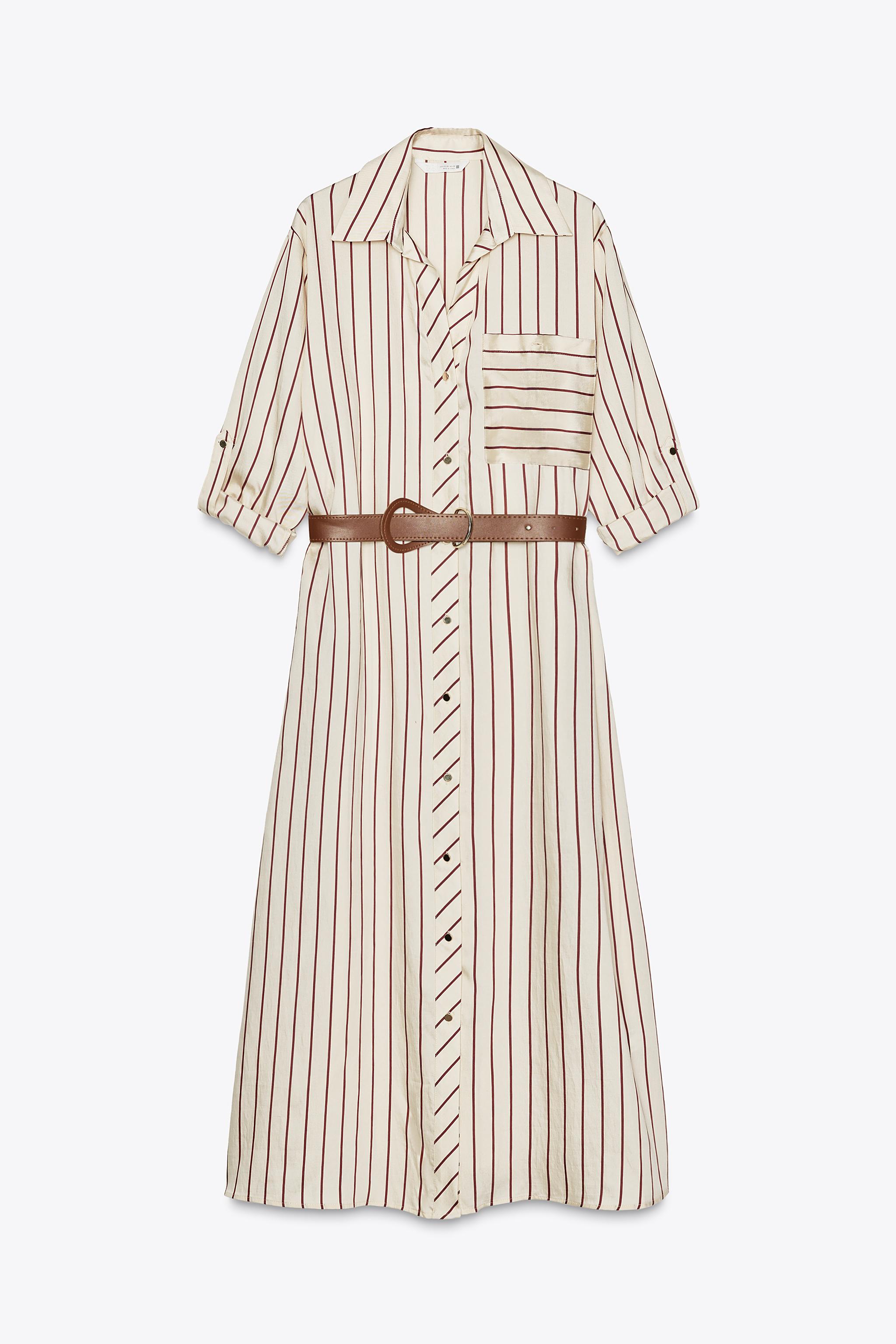 STRIPED BELTED MIDI DRESS - Ecru / Maroon | ZARA United States