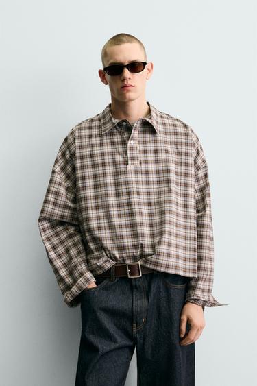 BOXY FIT CHECK POLO SHIRT - Brown / Ecru by Zara