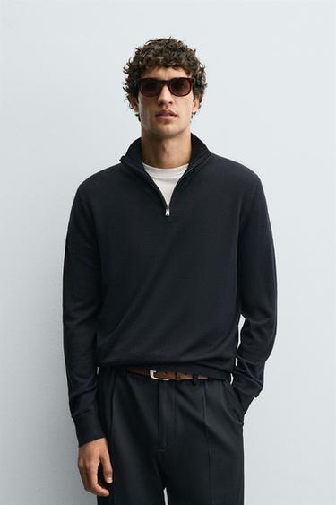 100% WOOL QUARTER-ZIP SWEATER - Navy blue by Zara