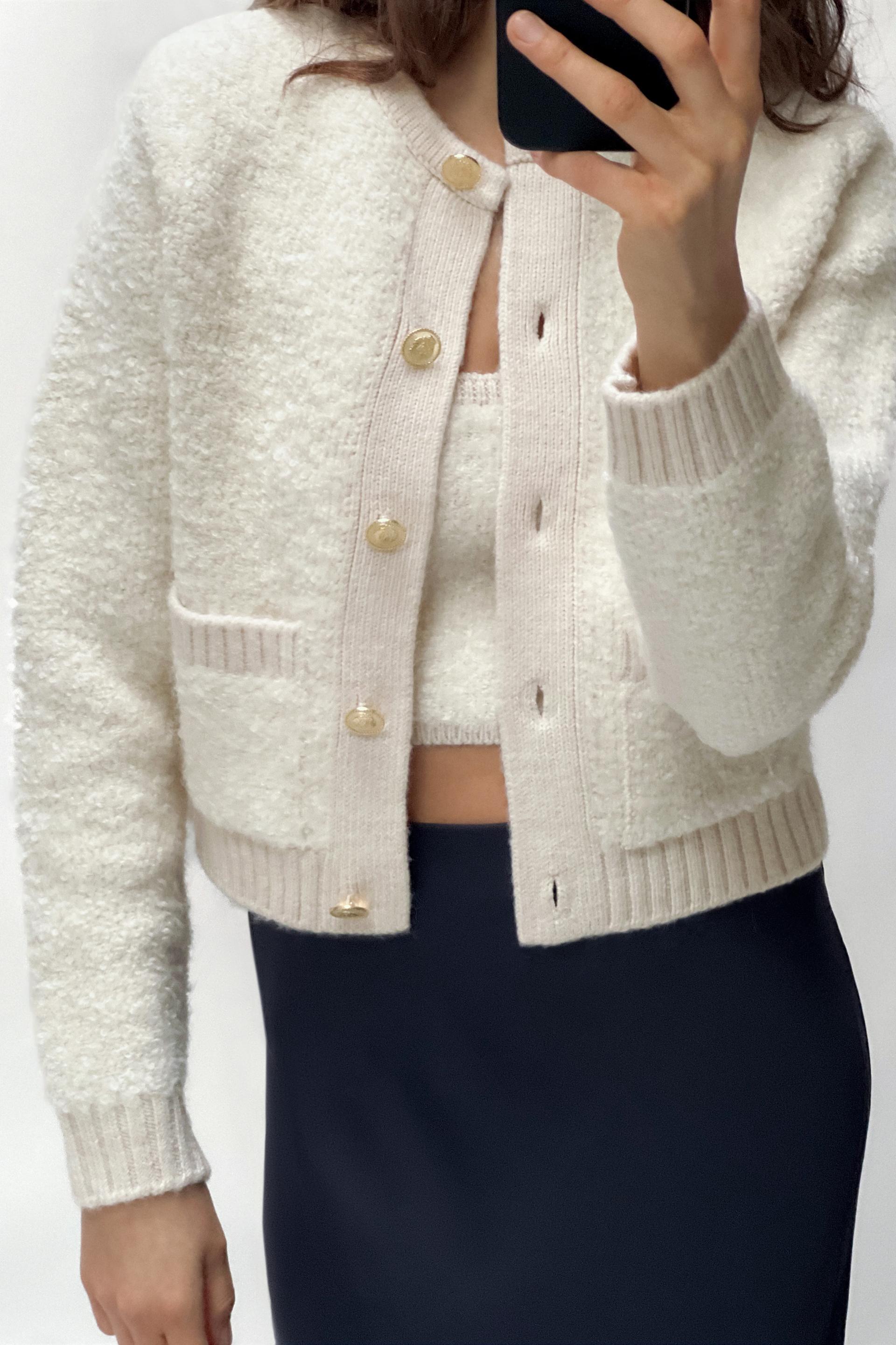 Zara Basic Grey/ Silver Feather Shimmery Textured Sweater Cardigan Jacket S