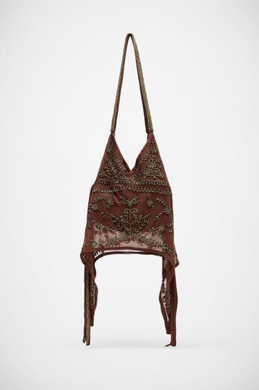 Zara SHINY SHOULDER BUCKET BAG - Burgundy Red