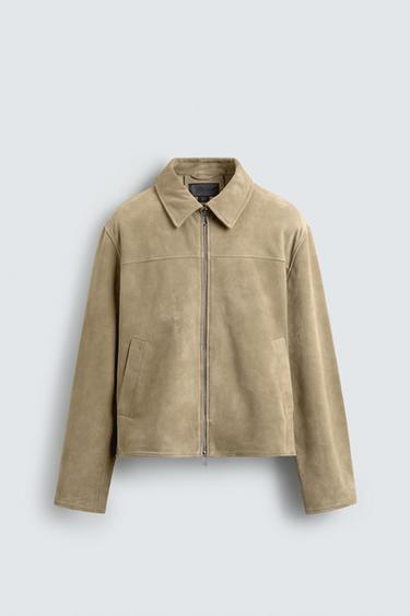VESTE EN CUIR DAIM - Kaki clair de Zara