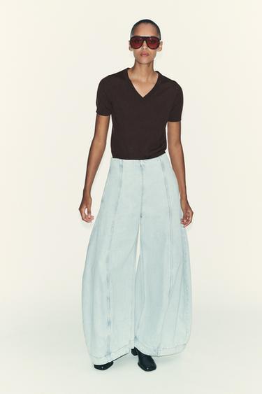 كنزة من صوف 100% بأكمام قصيرة - بني داكن الخاص بـ Zara