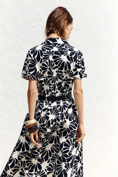 PRINTED POPLIN MIDI DRESS WITH BELT - Black / White by Zara - Image 4