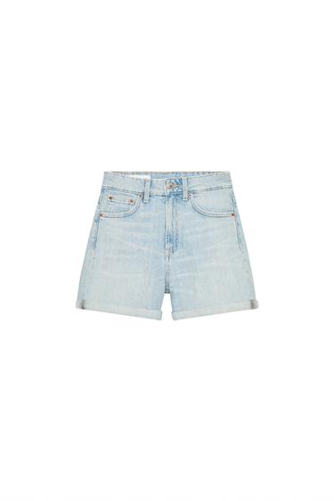 Front view of sky blue mom fit, high-waisted Bermuda shorts, with belt loops and five pockets. Turn-up hem.