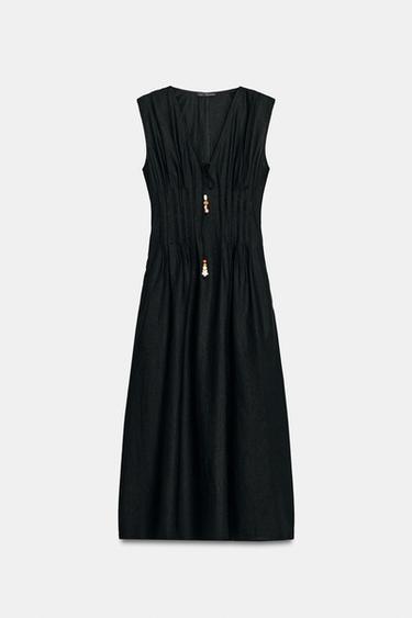 VESTIDO MIDI JARETAS CON LINO - Negro de Zara