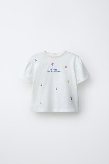 EMBROIDERED FLORAL T-SHIRT - Light ecru by Zara - Image 0