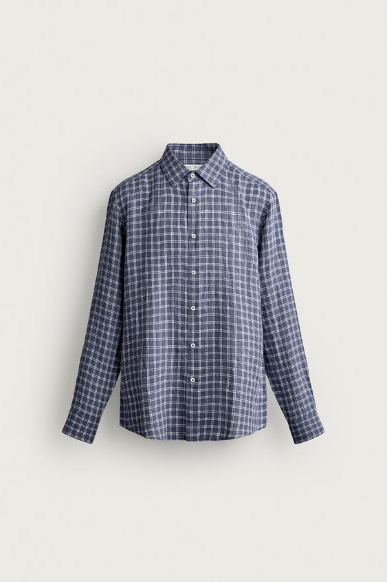 100% LINEN CHECK RELAXED FIT SHIRT - Blue by Zara - Image 0