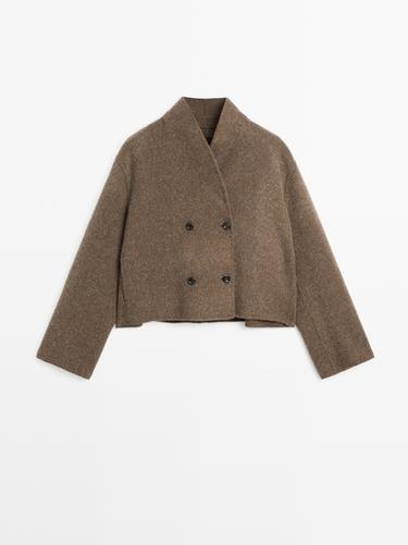 Chaqueta corta cruzada mezcla lana - Khaki oscuro de Zara