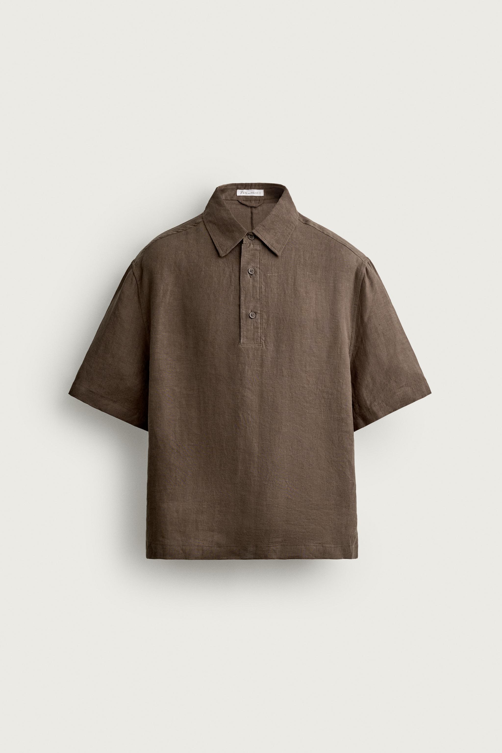 100% LINEN BOXY FIT POLO SHIRT — Brown / Taupe