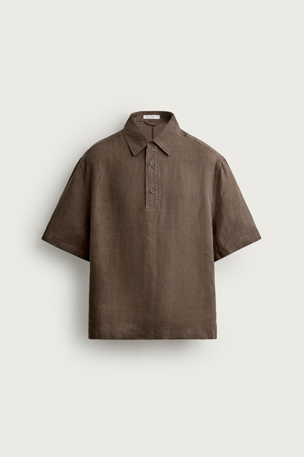 100% LINEN BOXY FIT POLO SHIRT — Brown / Taupe