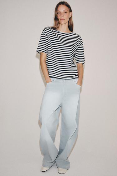 SHORT SLEEVE STRIPED T-SHIRT - Ecru / Navy by Zara