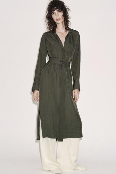 Zara ZW COLLECTION 中長版腰帶連身裙 - 中綠色
