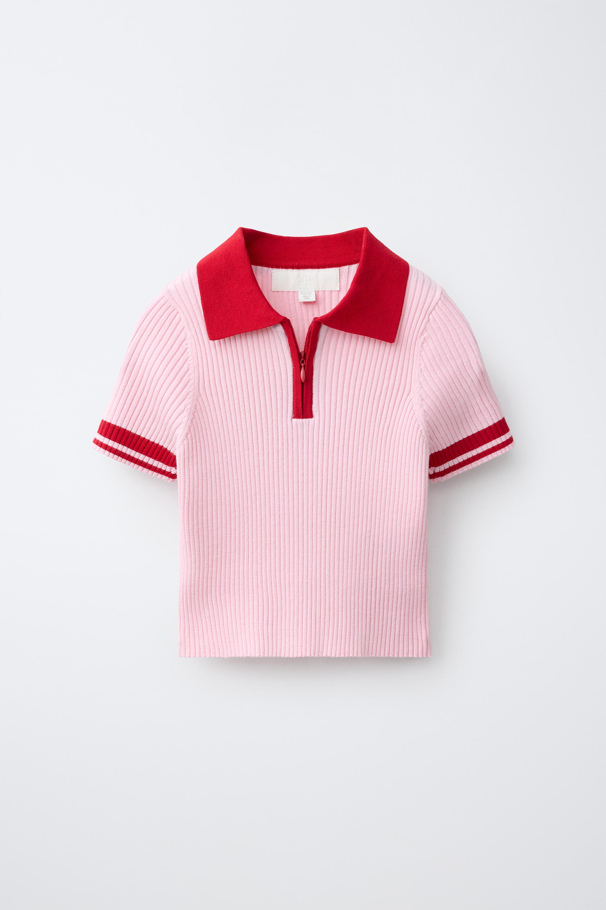 CONTRAST ZIP RIBBED POLO SHIRT — Red