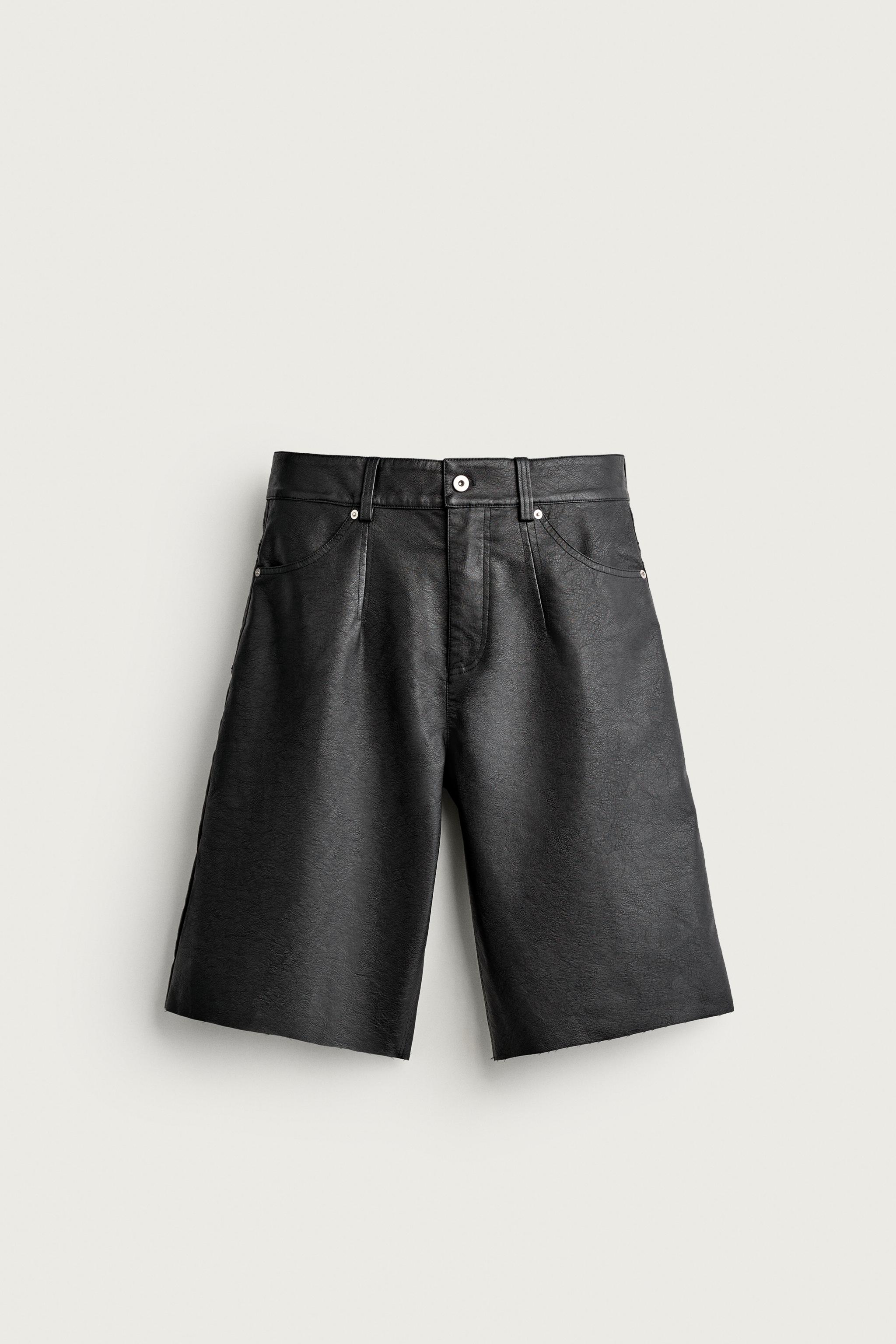FAUX LEATHER RELAXED FIT SHORTS — Black
