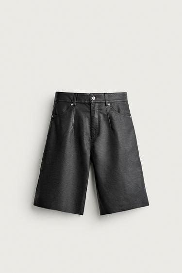 Zara FAUX LEATHER RELAXED FIT SHORTS - Black