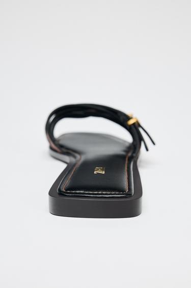 LEATHER STRAPPY SLIDERS WITH BUCKLE - Brown by Zara - Image 3