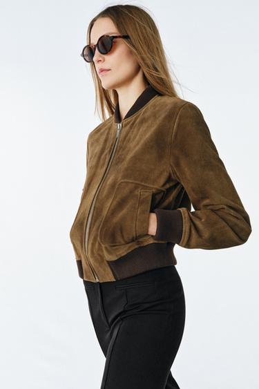 Zara 100% SUEDE LEATHER BOMBER JACKET ZW COLLECTION LIMITED EDITION - Dark khaki