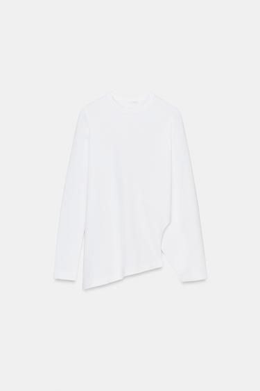 Zara ASYMMETRIC LONG SLEEVE T-SHIRT - White