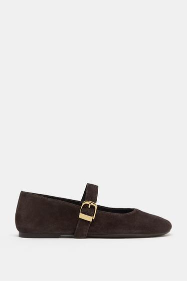 SPLIT SUEDE BALLET FLATS WITH BUCKLE - Brown by Zara
