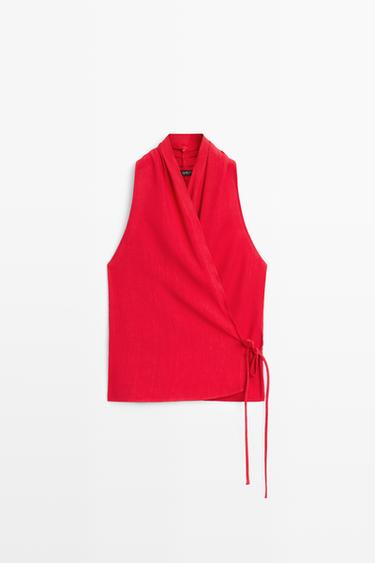 Zara Linen halter top with tie detail - Red - Image 0