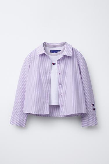 OVERHEMDENSET VAN GESTREEPT POPELINE MET RIB T-SHIRT CHAMPION ® X ZARA - Licht mauve van Zara