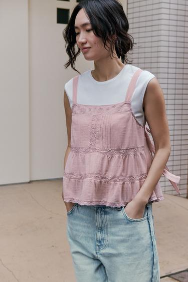 EMBROIDERED STRAPPY GAZE TOP - Pink by Zara