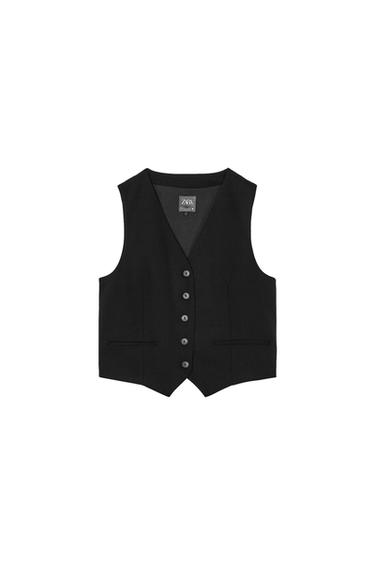 Front view of a black waistcoat with button fastening and side pockets.