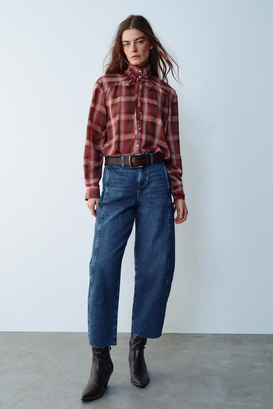 Zara CHECKED BOW BLOUSE - Multicolored - Image 0