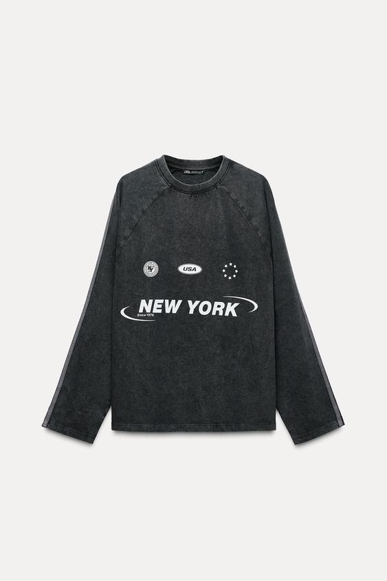 WASHED EFFECT T-SHIRT WITH SLOGAN - Mid-gray | ZARA United States